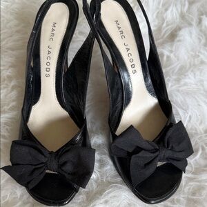 Marc Jacobs Black Patent Peep-Toe Slingback Heels with Bow Accent